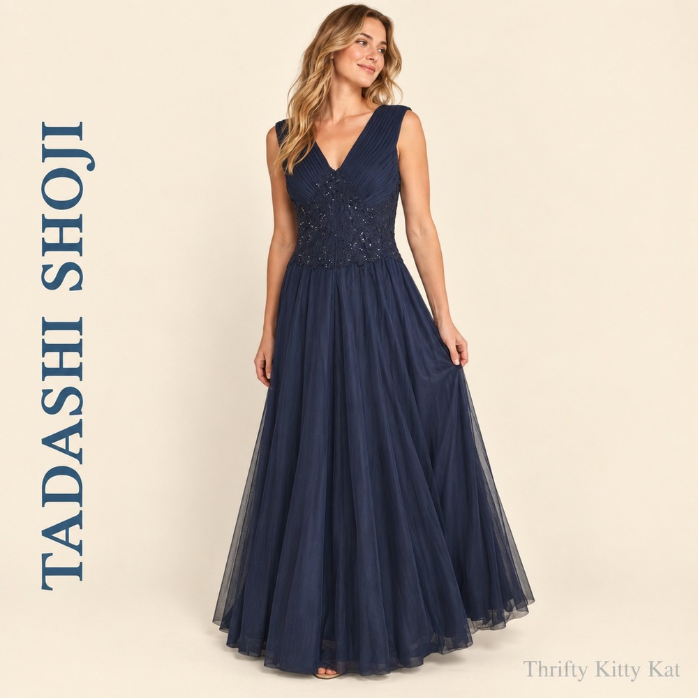 Tadashi Shoji Tulle Hand Beaded Lace Pleated V Neck Formal Evening Gown Navy 10